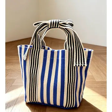 Striped Canvas Tote Bag Bow Handle Bag