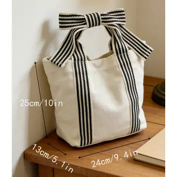 Striped Canvas Tote Bag Bow Handle Bag