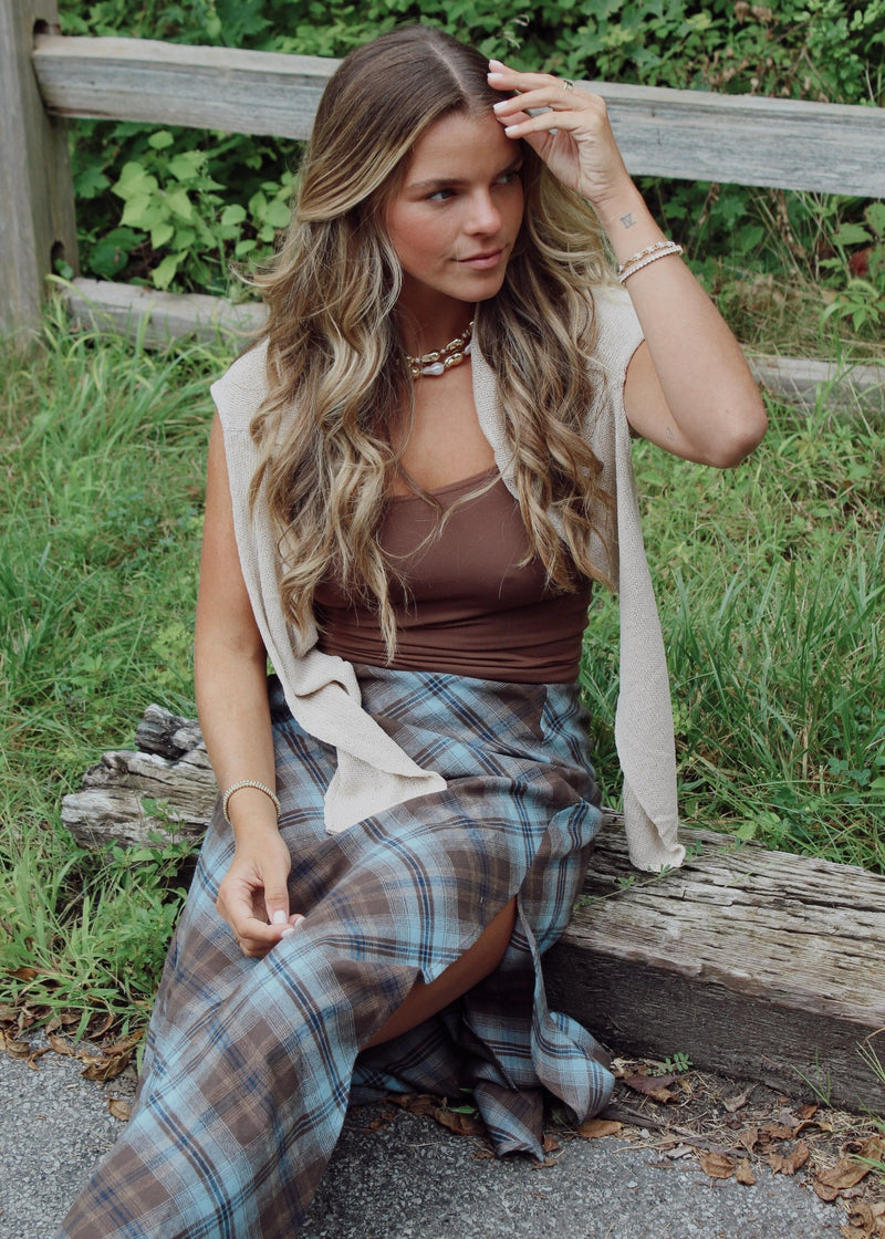 Side Slit Tartan Plaid Maxi Skirt