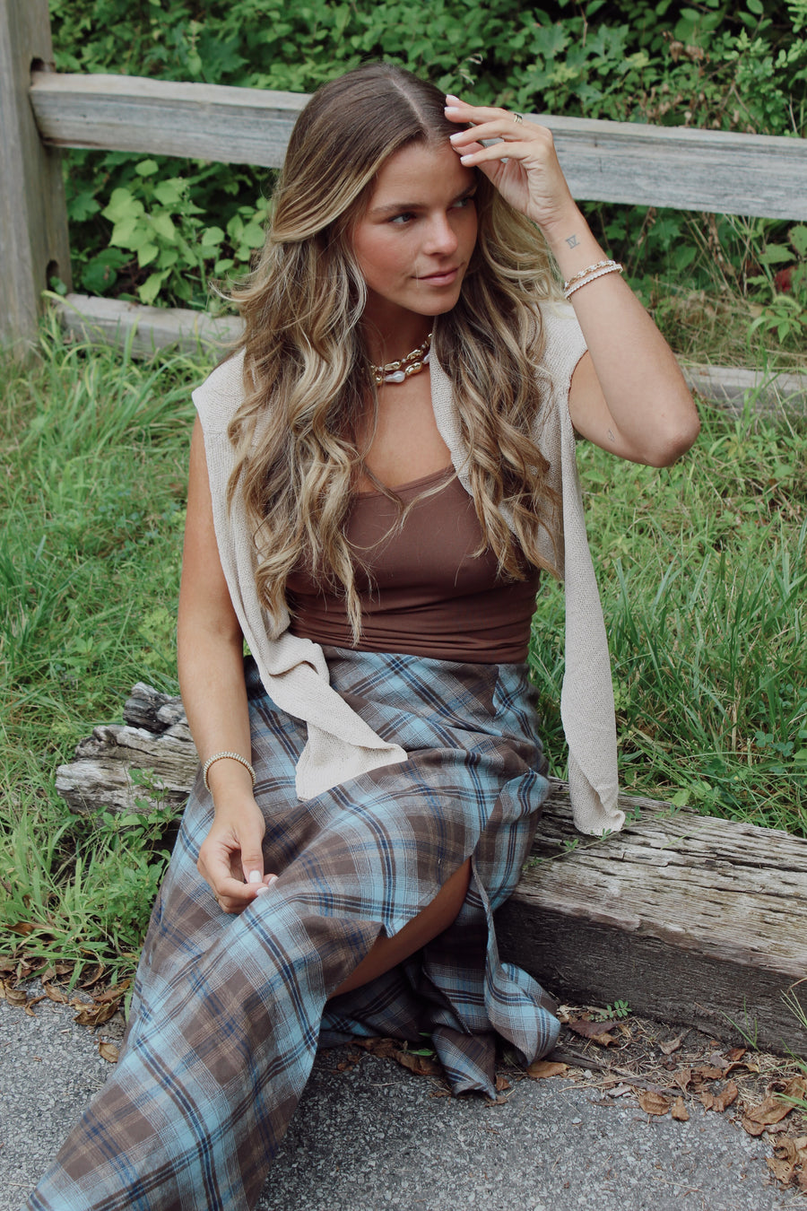 Side Slit Tartan Plaid Maxi Skirt