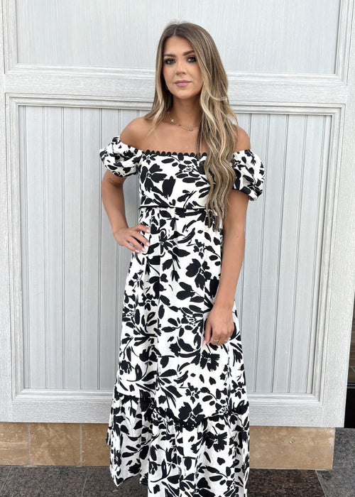 Puff Sleeve Leaf Print Black/White Midi Dress