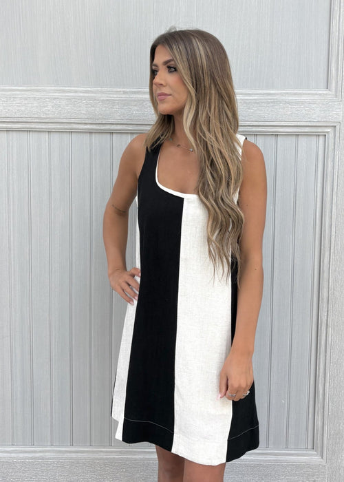 Wide Stripe Sleeveless Linen Mini Dress