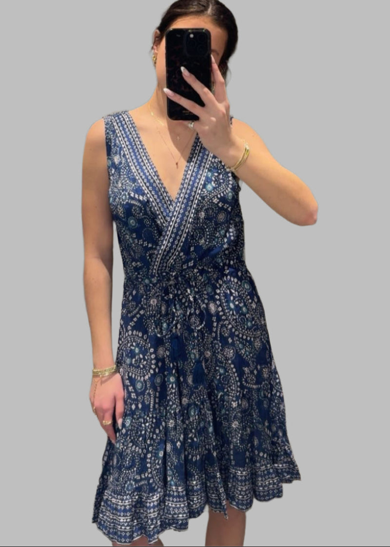Blue Tassel Sleeveless Wrap Dress