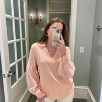 CHIFFON SLEEVE /LACE TRIM COLLARED TOP