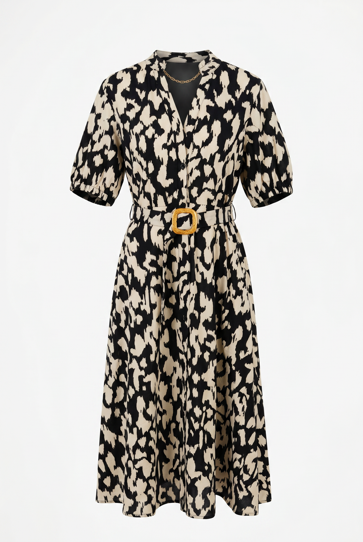Ruffled V Neck Button Down Belted Dress – 100% Cotton