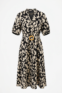 Ruffled V Neck Button Down Belted Dress