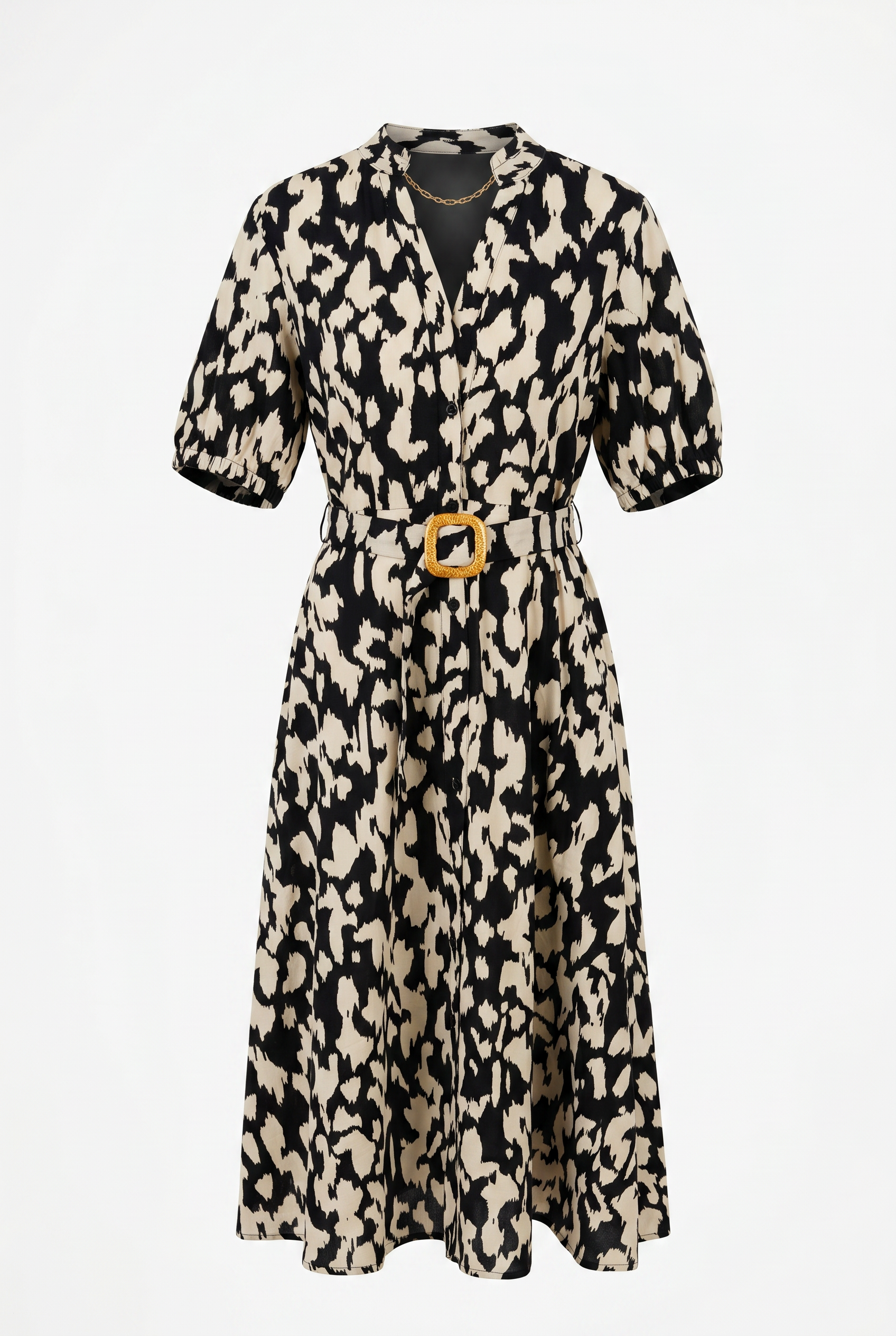 Ruffled V Neck Button Down Belted Dress