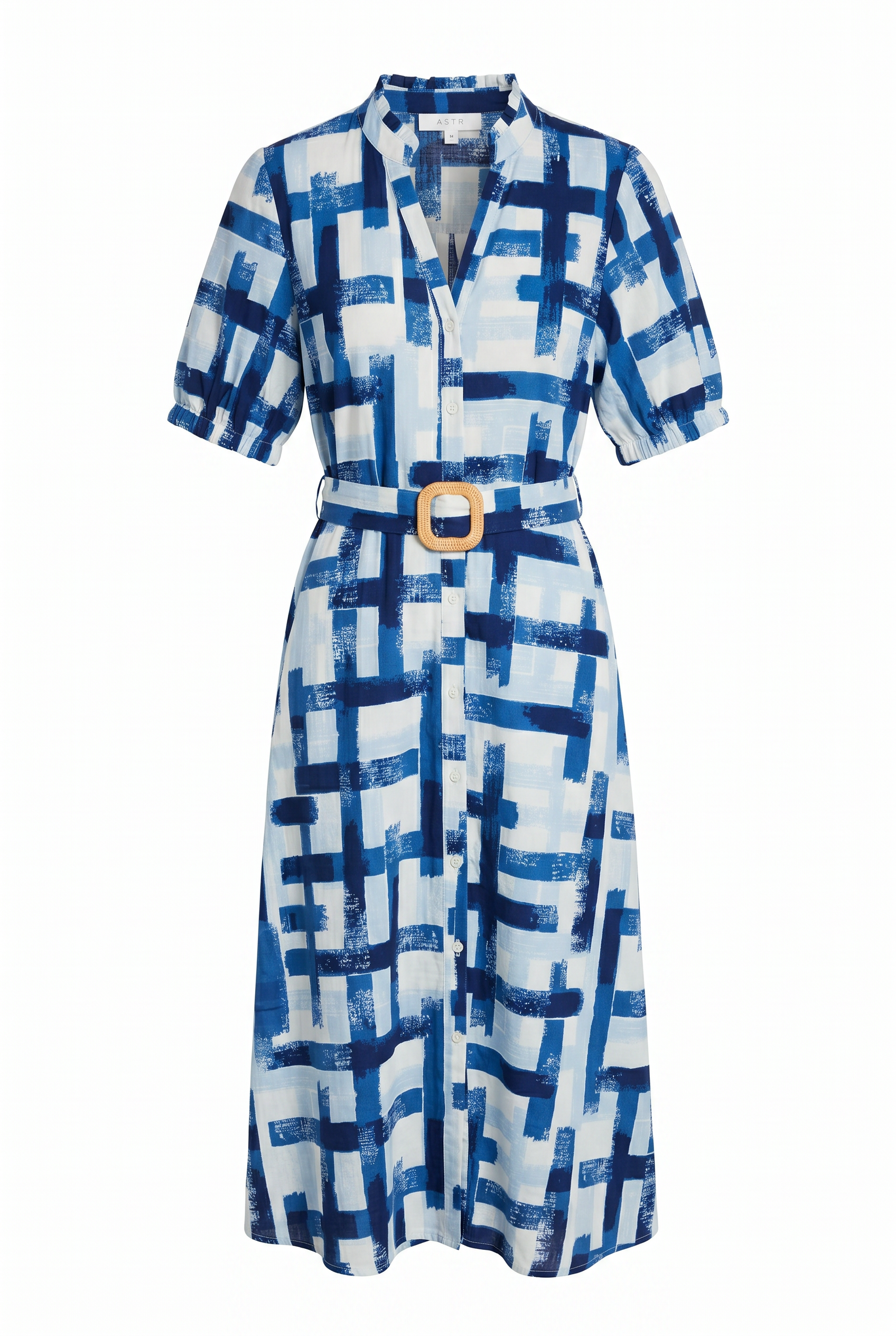 Ruffled V Neck Button Down Belted Dress