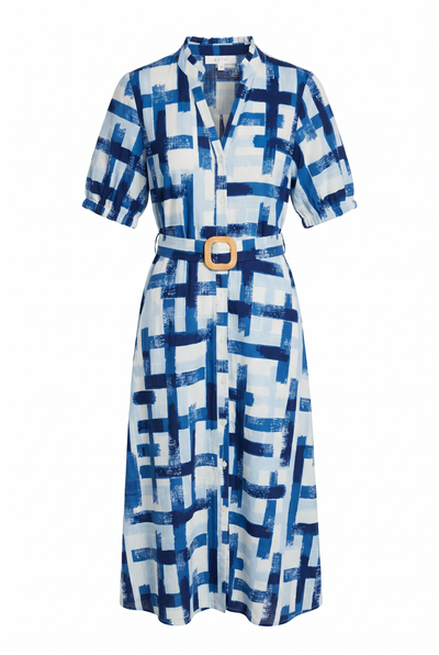 Ruffled V Neck Button Down Belted Dress