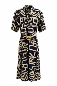 Ruffled V Neck Button Down Belted Dress