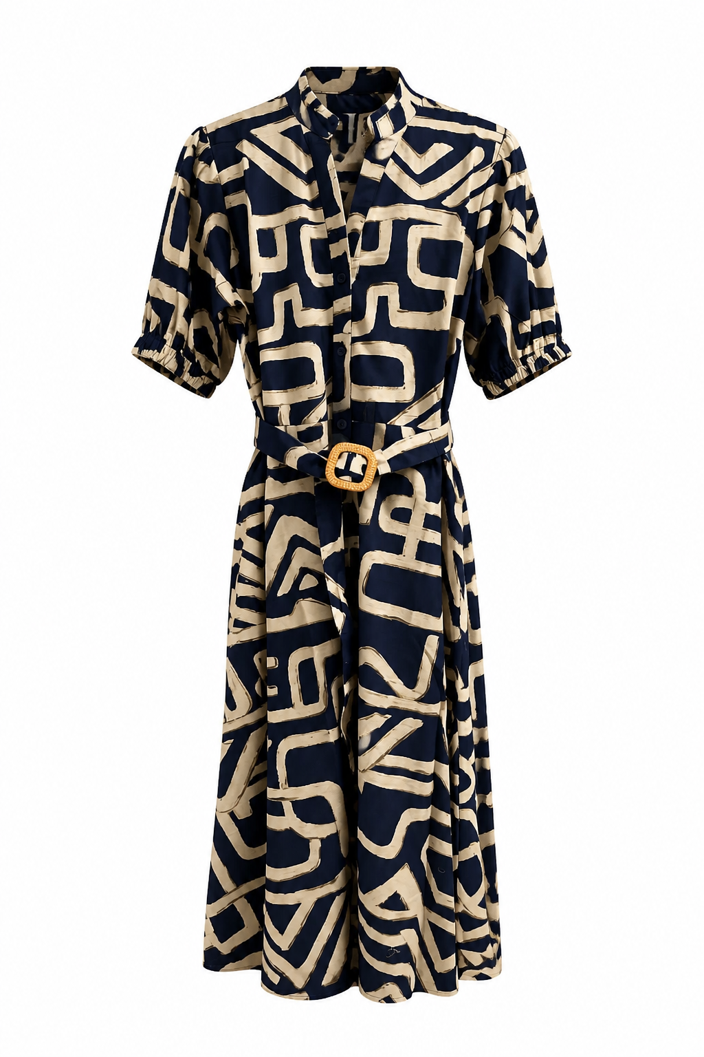 Ruffled V Neck Button Down Belted Dress