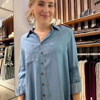 Tab Sleeve Collared Button Down Chambray Top