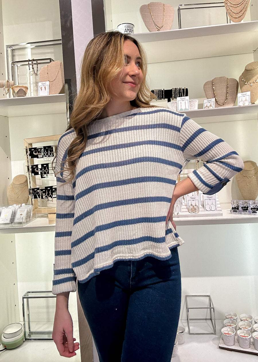 Striped 3/4 Folded Sleeve Knit Top