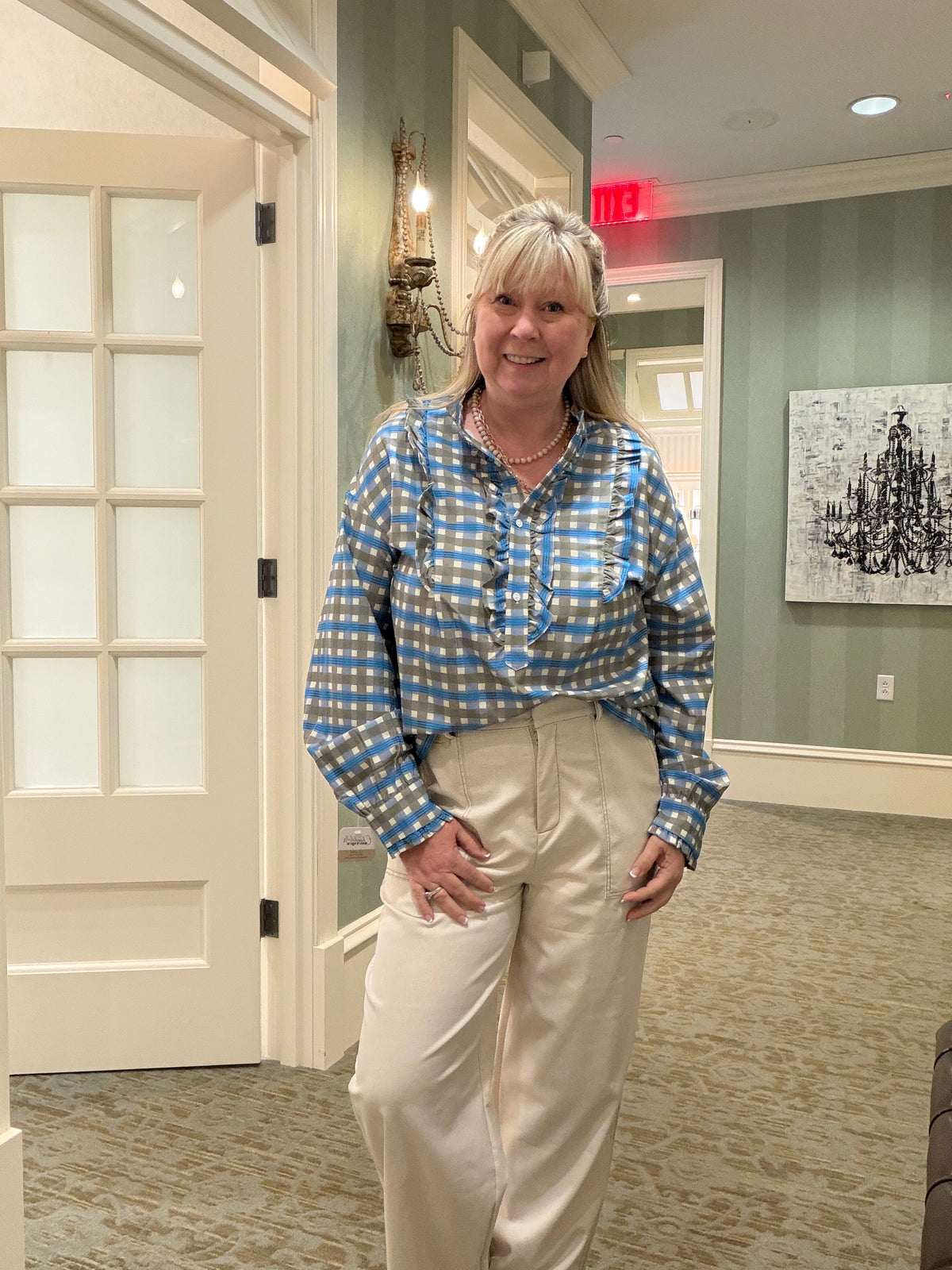 Plaid Frilled Detail Half Button Blouse
