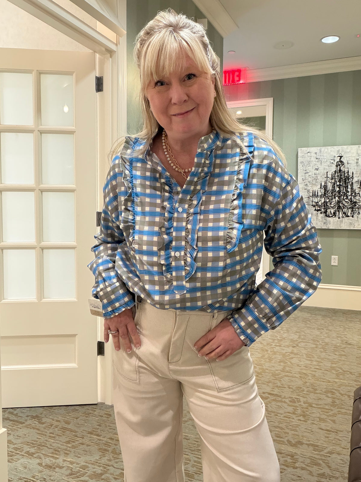 Plaid Frilled Detail Half Button Blouse