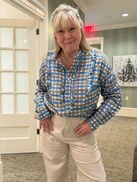Plaid Frilled Detail Half Button Blouse
