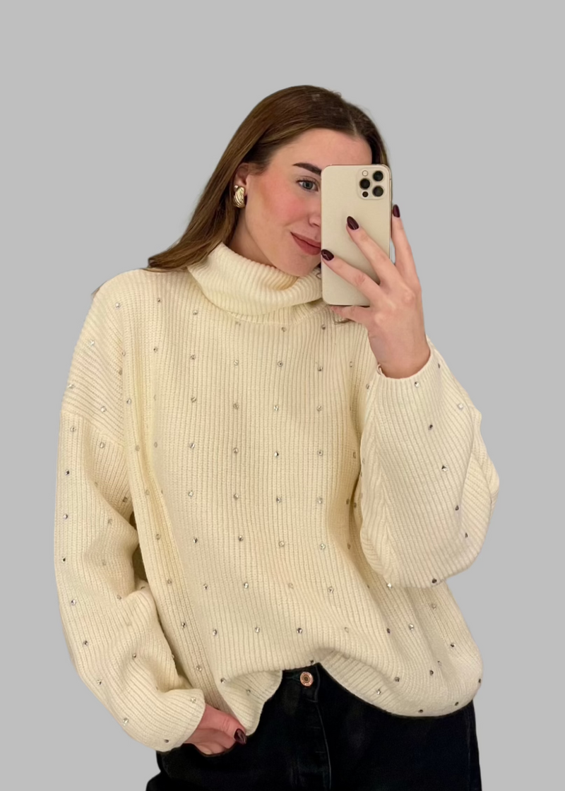 Rhinestone Turtleneck Knit Pullover Sweater