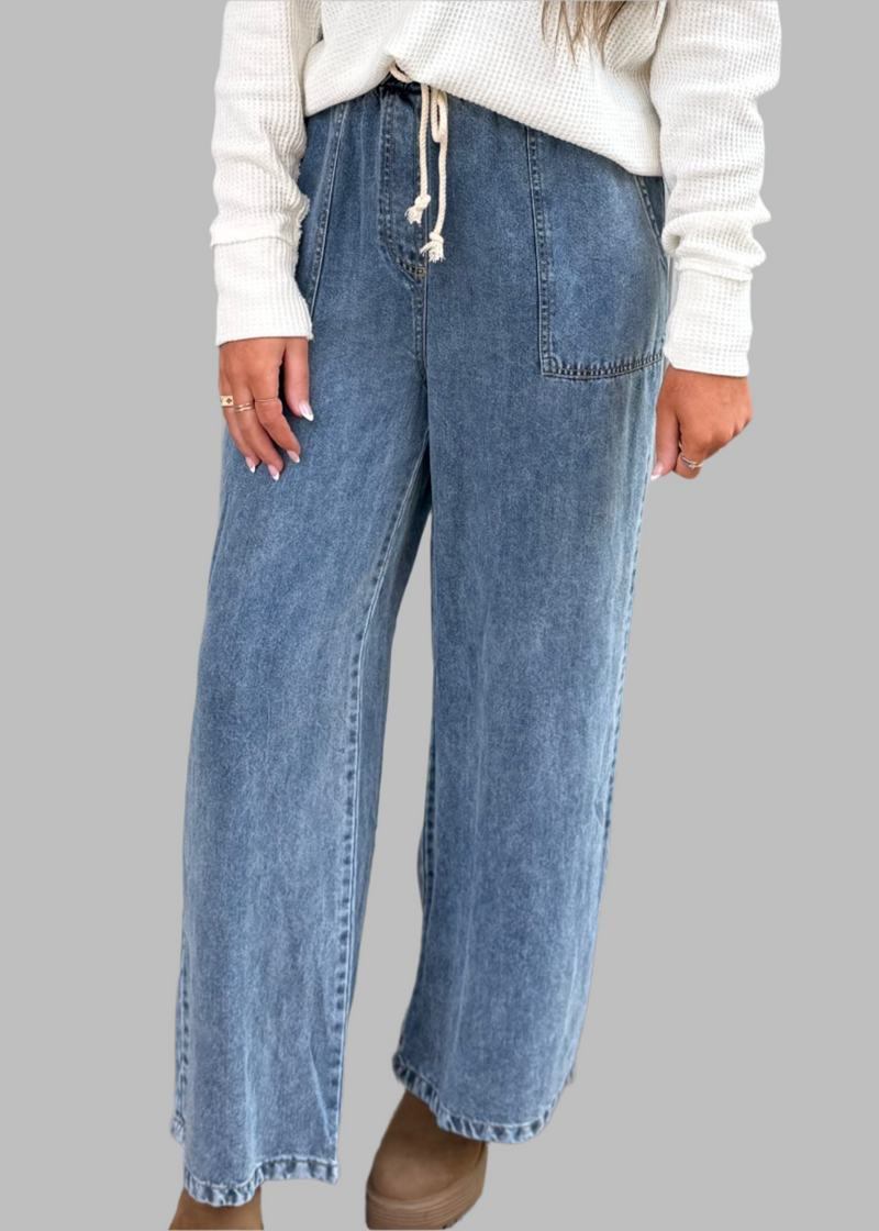 High Waist Wide Leg Wash Chambray Pants