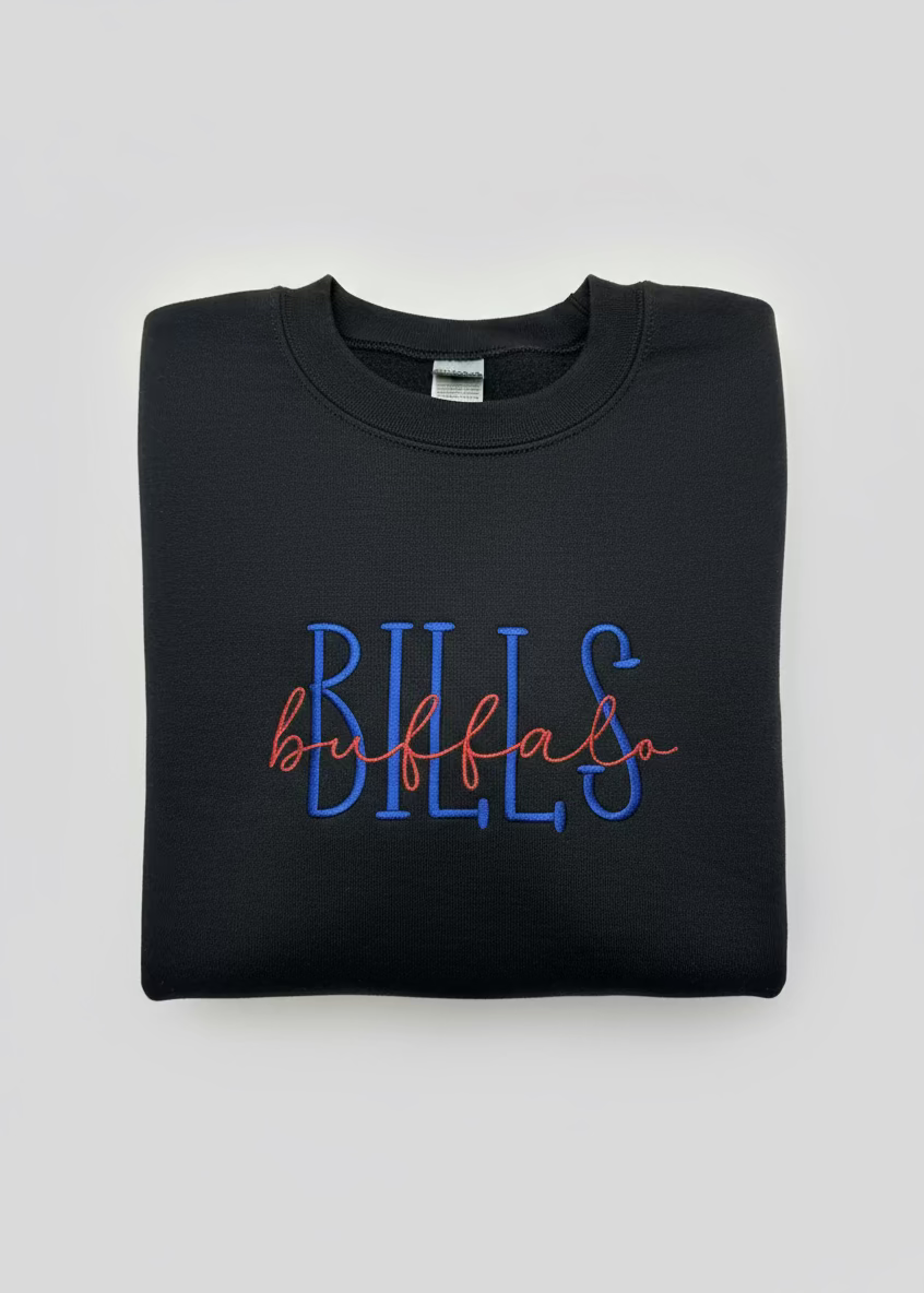 Black sweatshirt with 'BILLS buffalo' text in blue and red on a light gray background