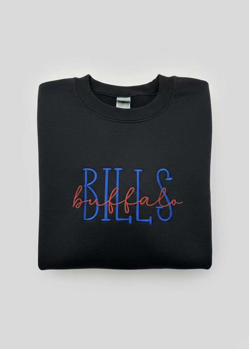 Black sweatshirt with 'BILLS buffalo' text in blue and red on a light gray background