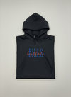 Black hoodie with 'Bills Buffalo' text on a wooden surface