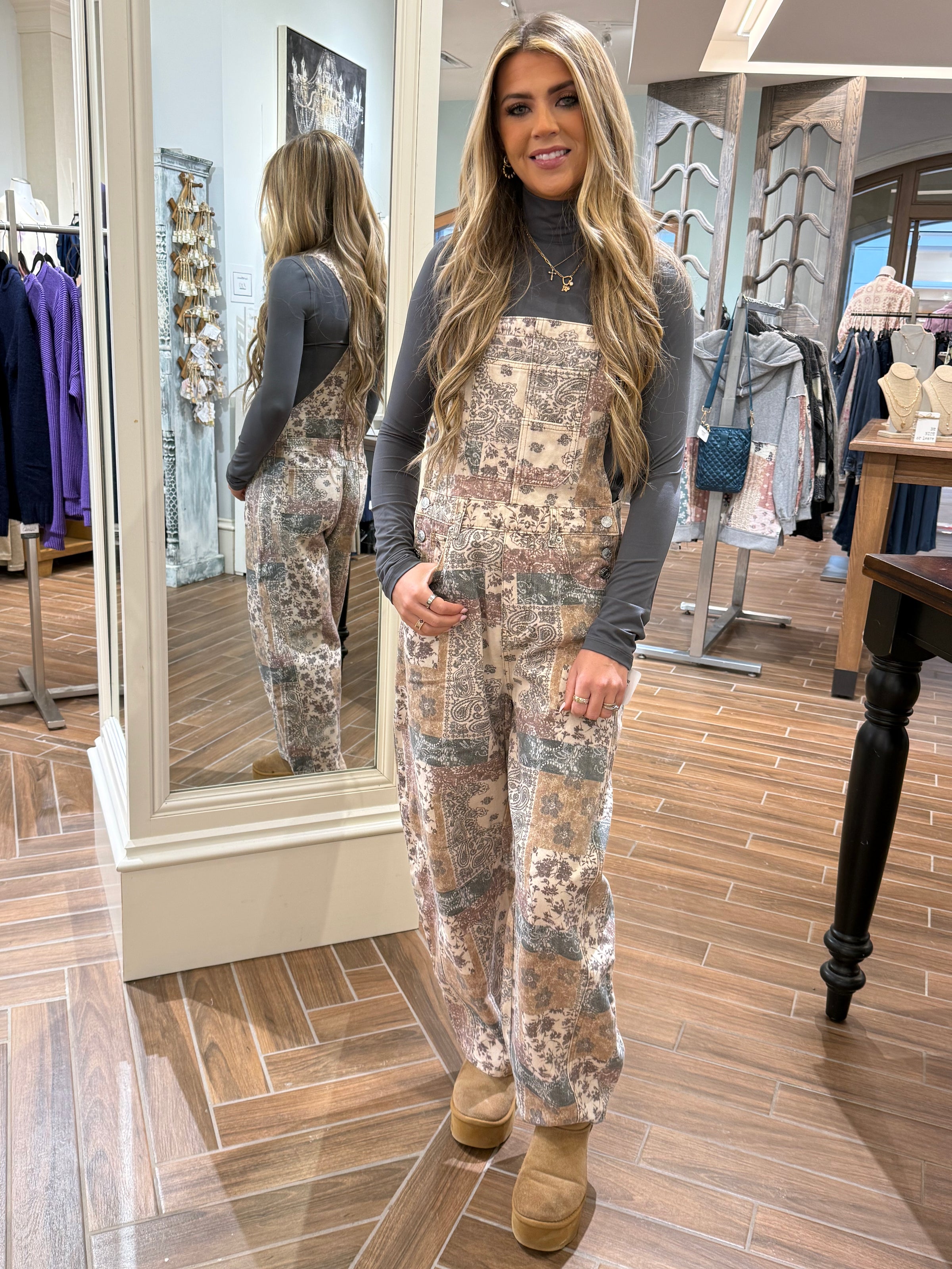 Vintage print twill denim overall jumpsuit front