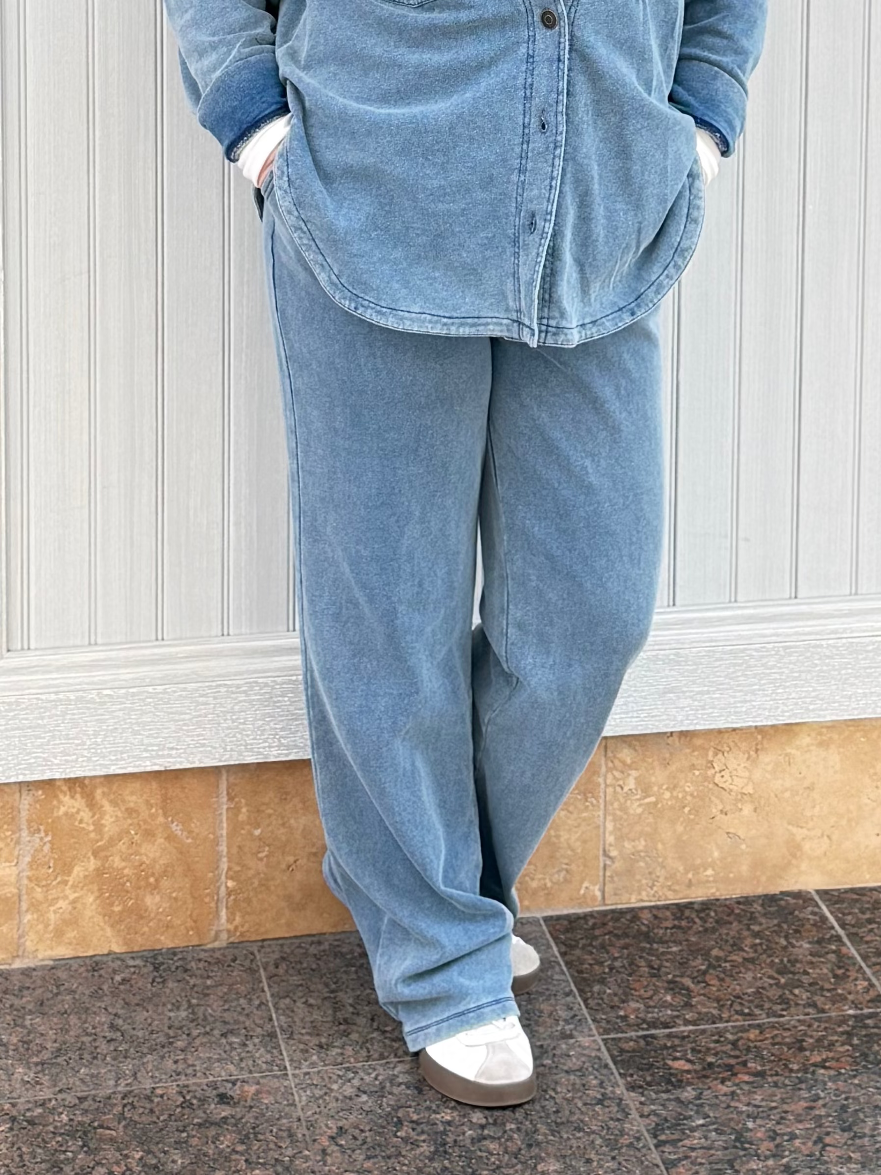 Acid Washed Tie Waist Pant W Pockets