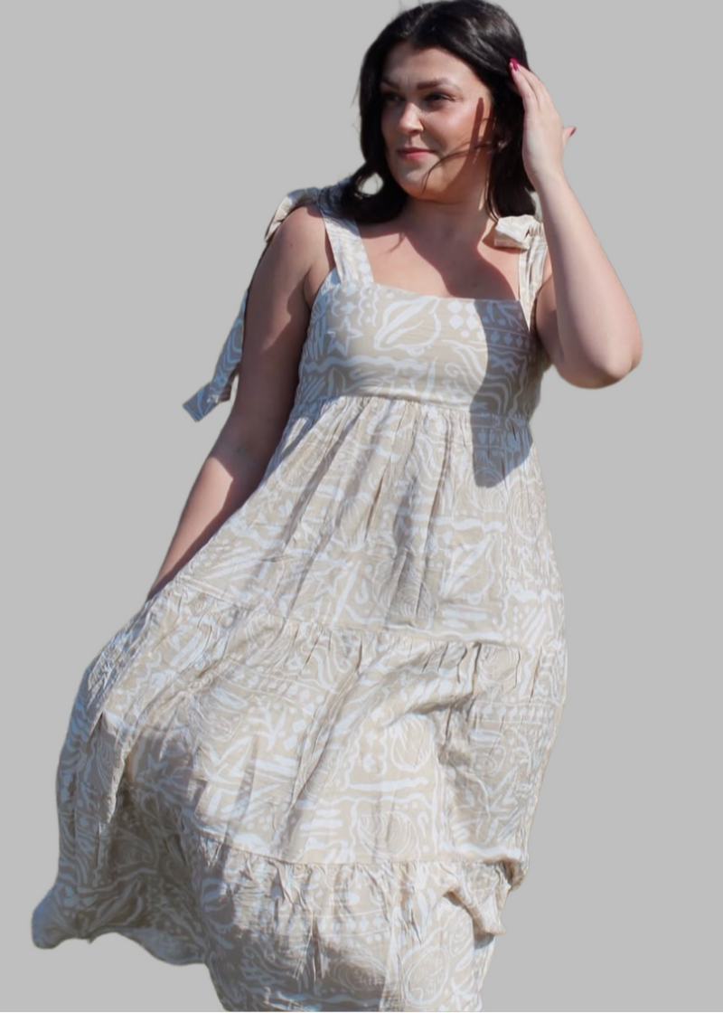 Sea Print Tie Strap Tiered Midi Dress