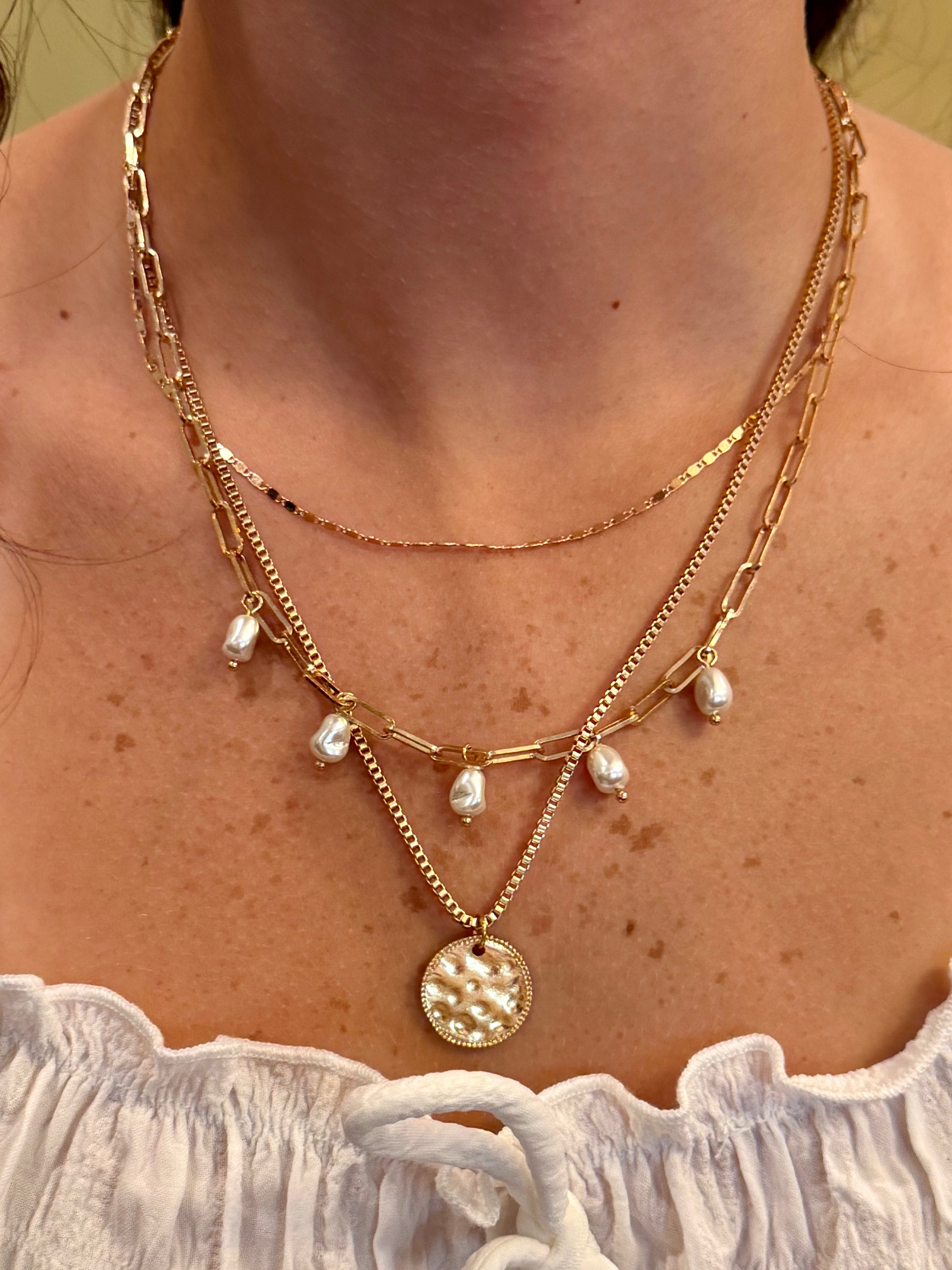 Pearl and Disk Gold Necklace