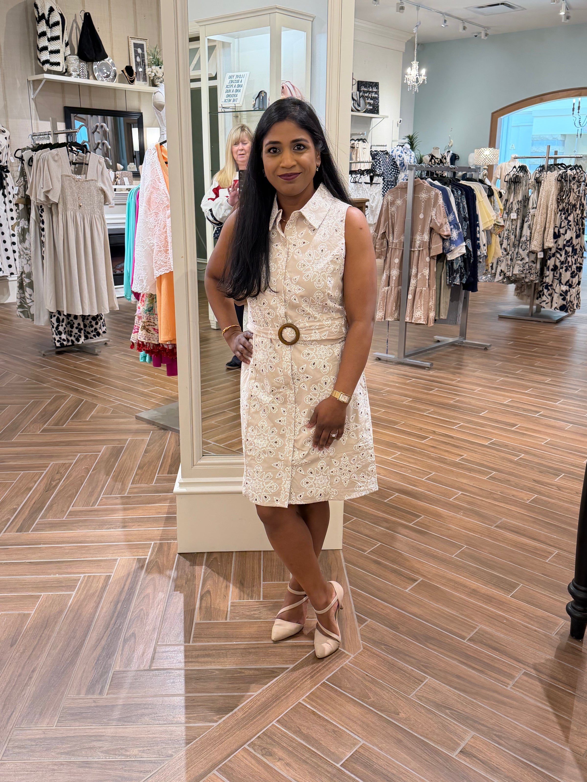 Embroidered Eyelet Belted Dress