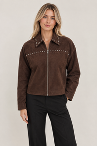 Studded Collared Zip-up Suede Jacket