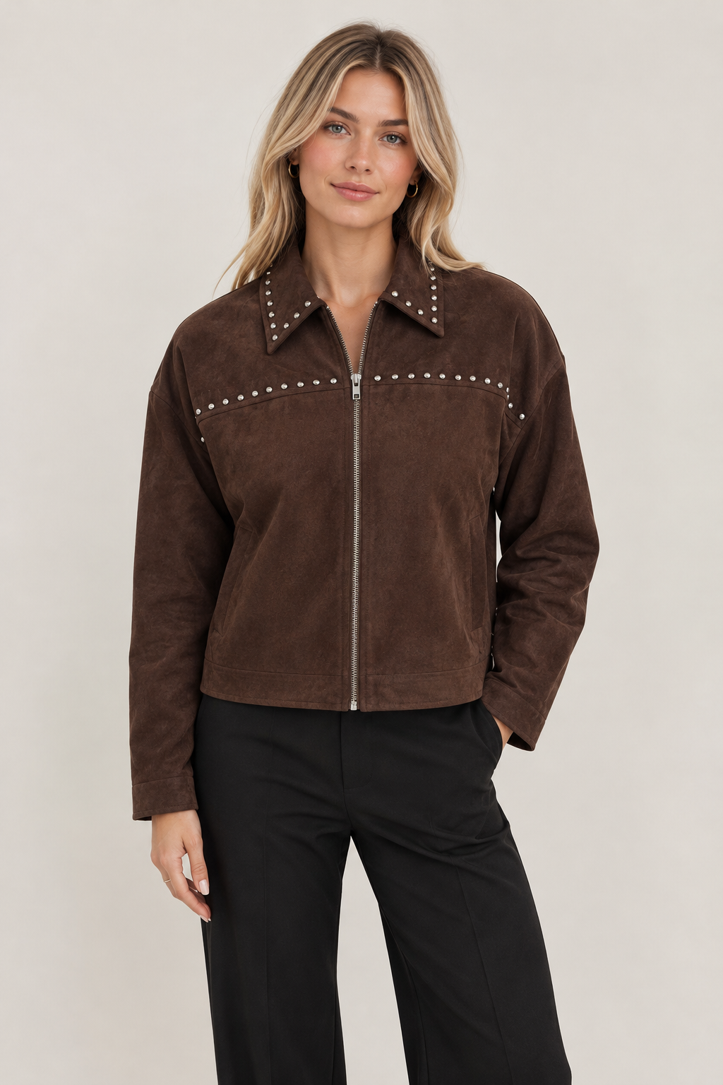 Studded Collared Zip-up Suede Jacket