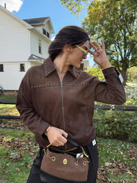 Studded Collared Zip-up Suede Jacket