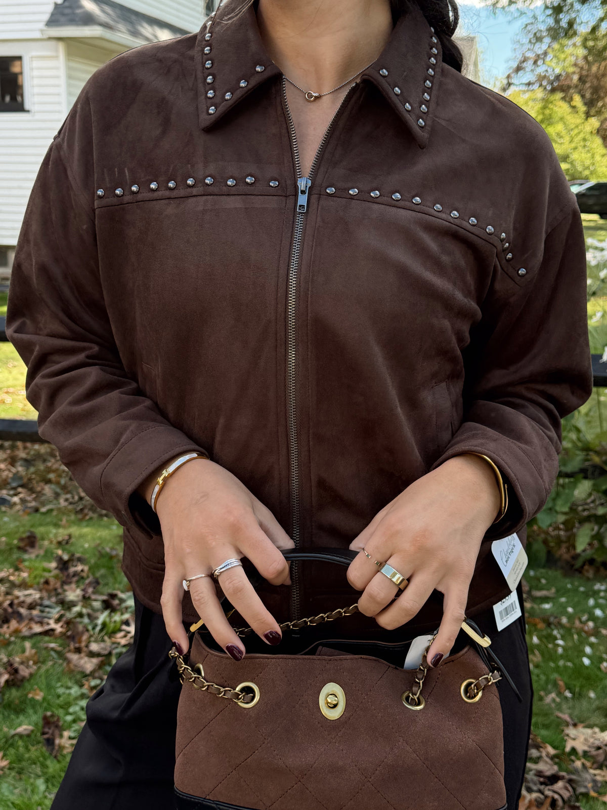 Studded Collared Zip-up Suede Jacket
