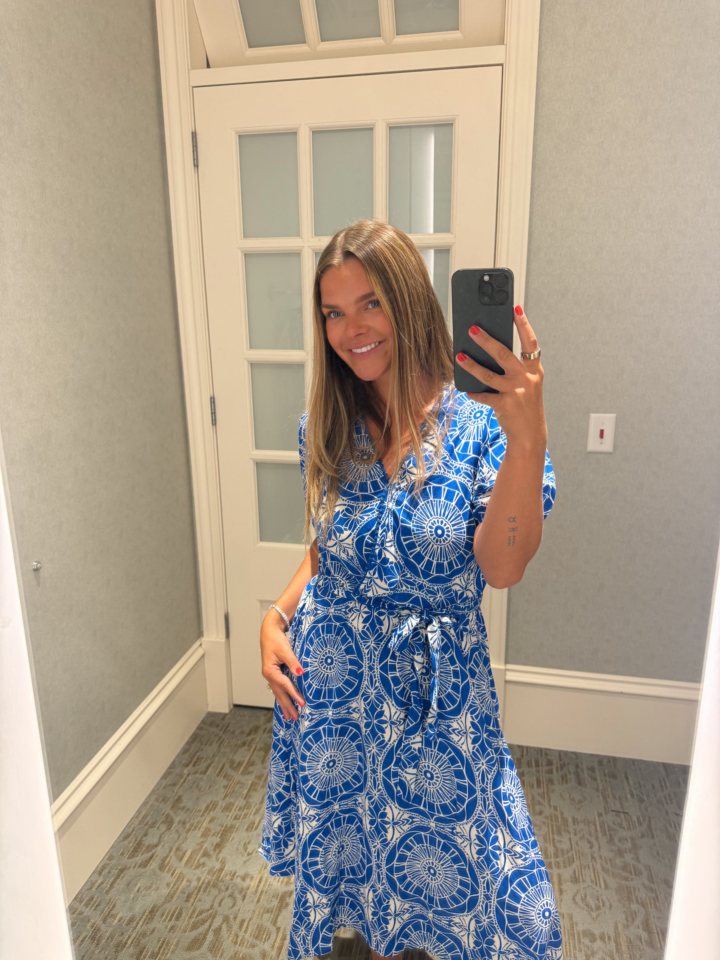 V Neck Wrap Bodice Midi Dress