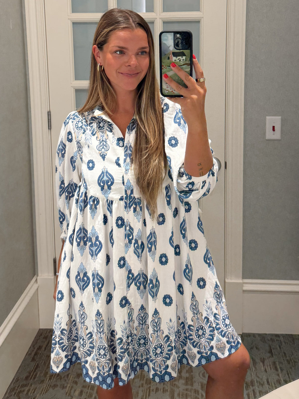 Printed Shirt Dress 3/4 Sleeve