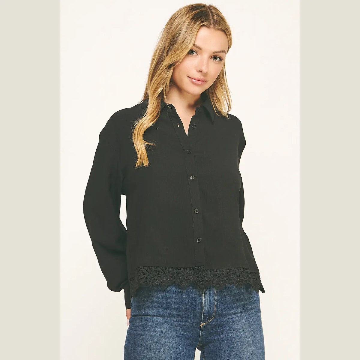 Classic Charm Lace Hem Long Sleeve Shirt