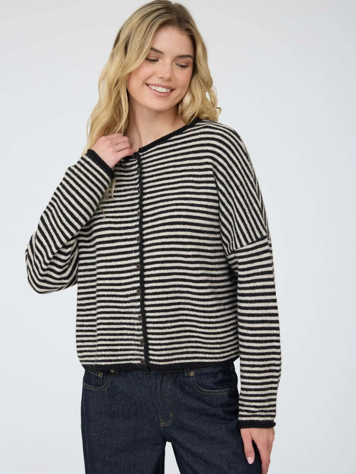 Striped Raw Edge Drop Shoulder Knit Cardigan