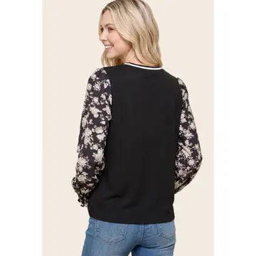 Midnight Bloom Floral-Sleeve Top