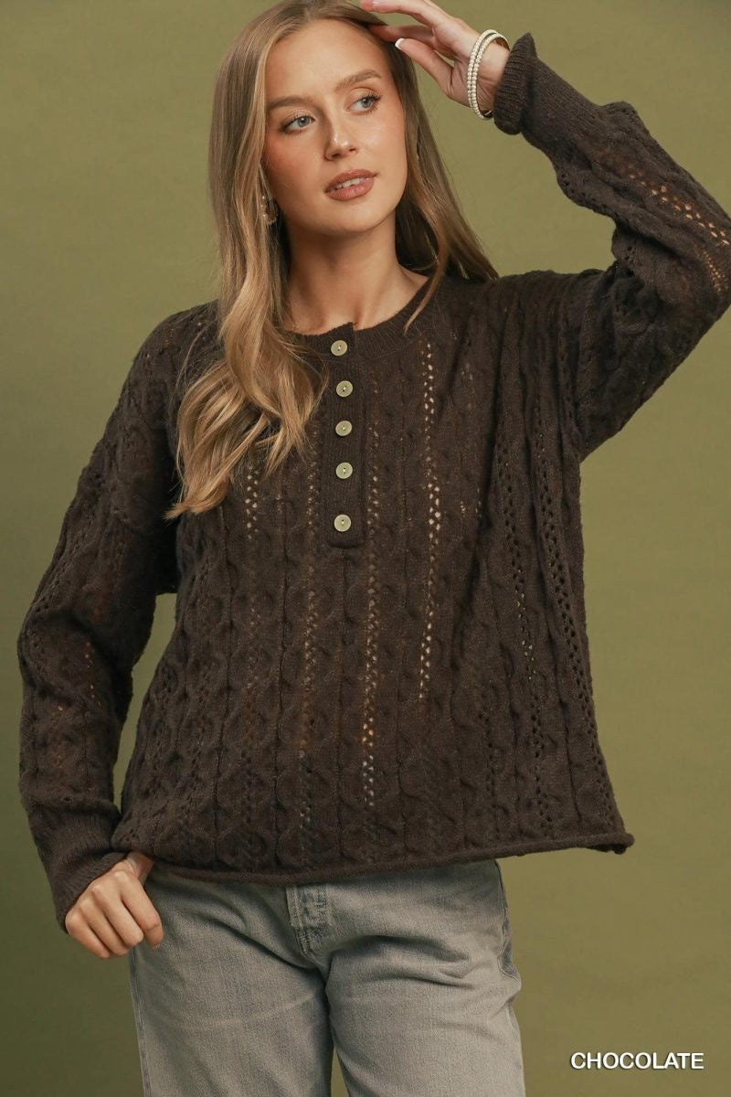 Pointelle Cable Knit Henley Sweater