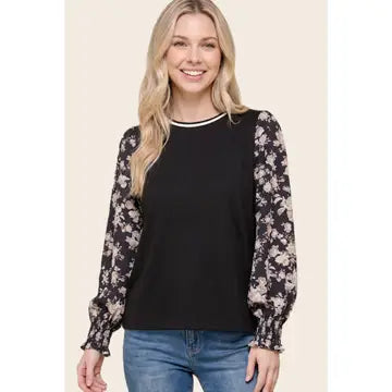 Midnight Bloom Floral-Sleeve Top