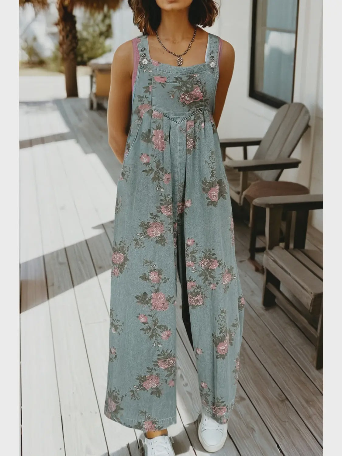 Floral Pleated Wide Leg Denim Jumpsuit