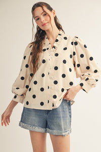 Ruffled Neckline Button Down Polka Dot Top