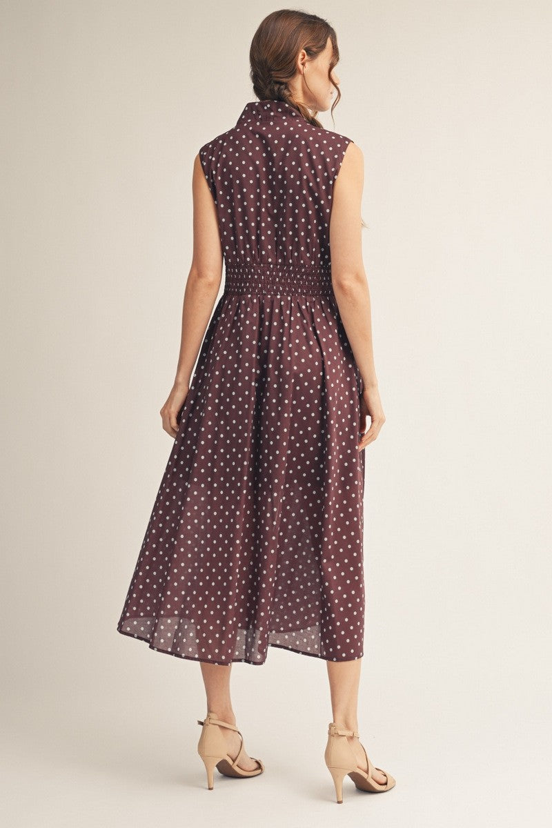 Front Zip Up Polka Dot Midi Dress