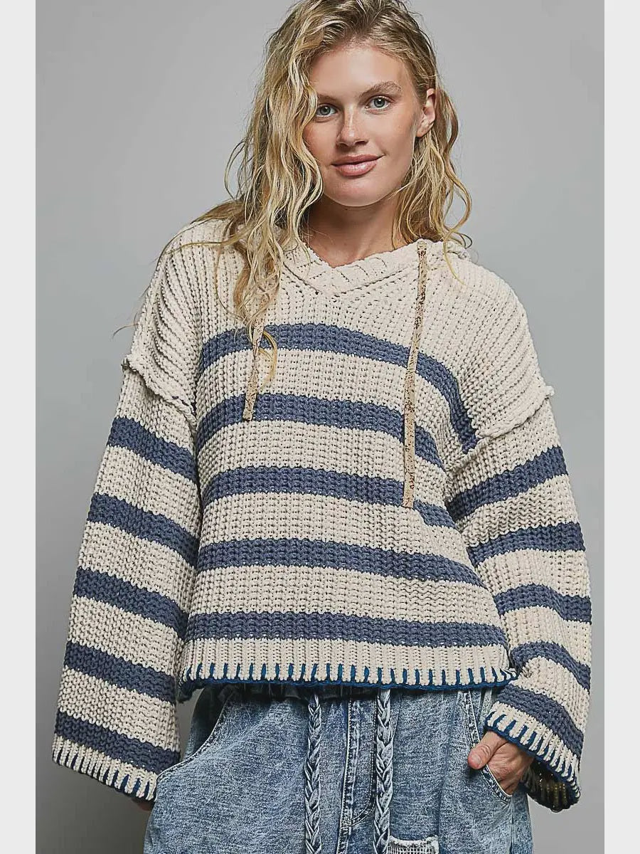 Hoodie V-Neck Striped Stitch Chenille Sweater