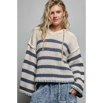 Hoodie V-Neck Striped Stitch Chenille Sweater
