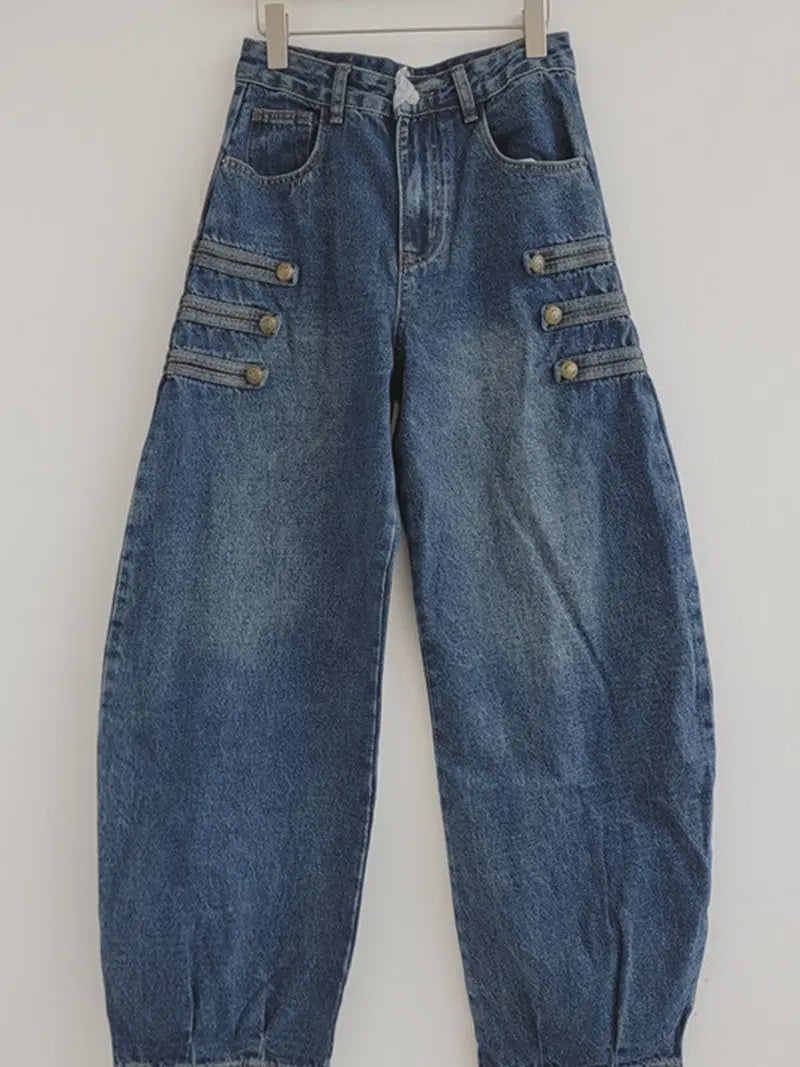 Button-Detail High-Waist Barrel Jeans