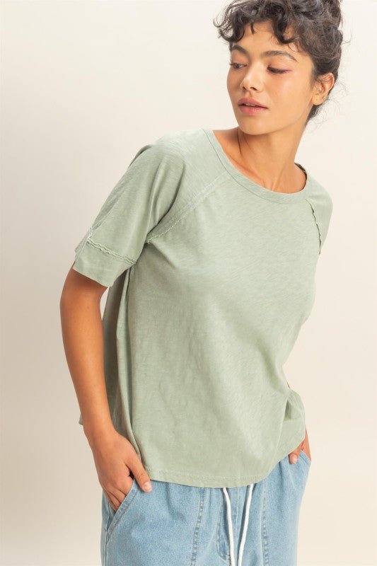 Acid Wash Raw Seam Raglan Short Sleeve Tee - Chandeliers Boutique ny