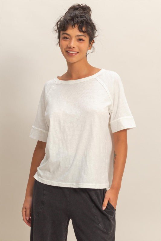 Acid Wash Raw Seam Raglan Short Sleeve Tee - Chandeliers Boutique ny