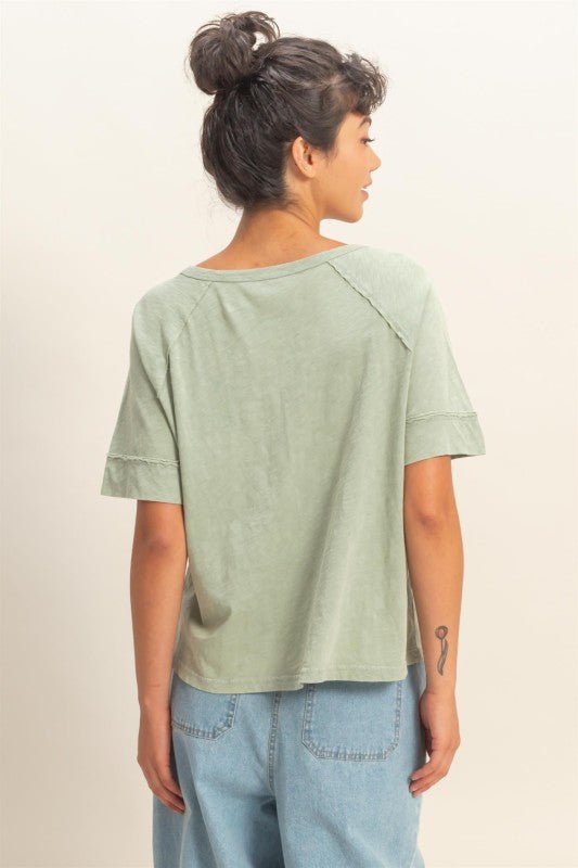 Acid Wash Raw Seam Raglan Short Sleeve Tee - Chandeliers Boutique ny